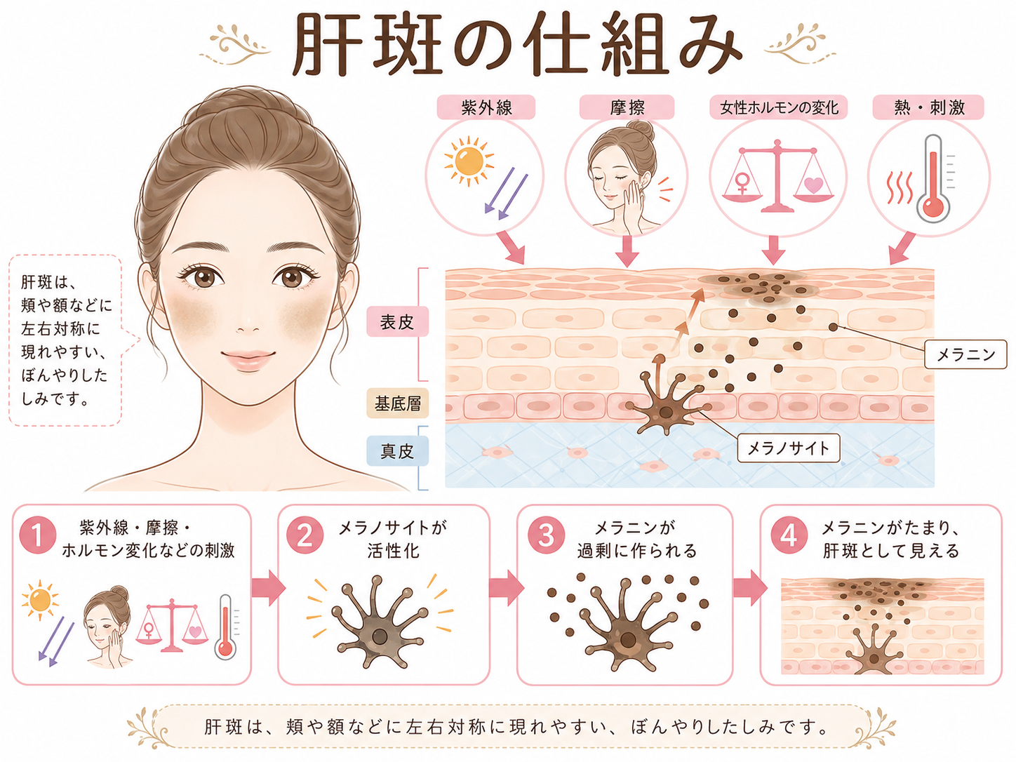 肝斑の仕組み ― ホルモンバランス・摩擦・紫外線の刺激でメラノサイトが過敏になりメラニンが過剰生成される図解 ― 美容皮膚科ティファクリニック 横浜院