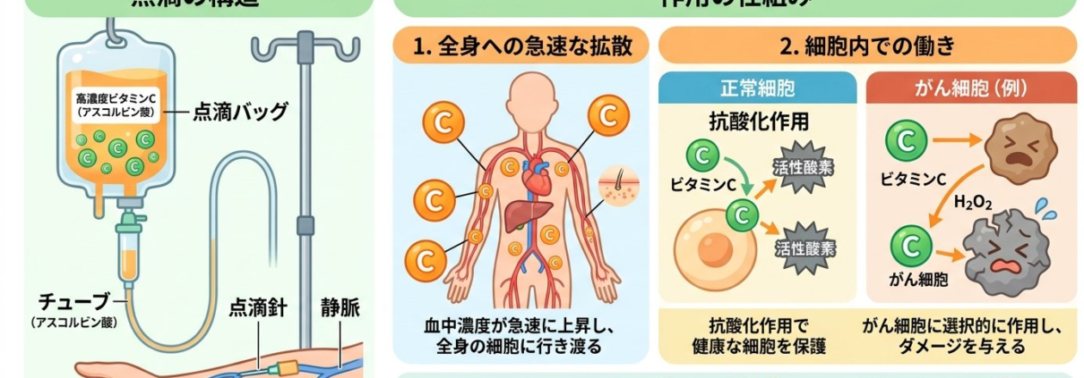 高濃度ビタミンCの構造と仕組みのイラスト