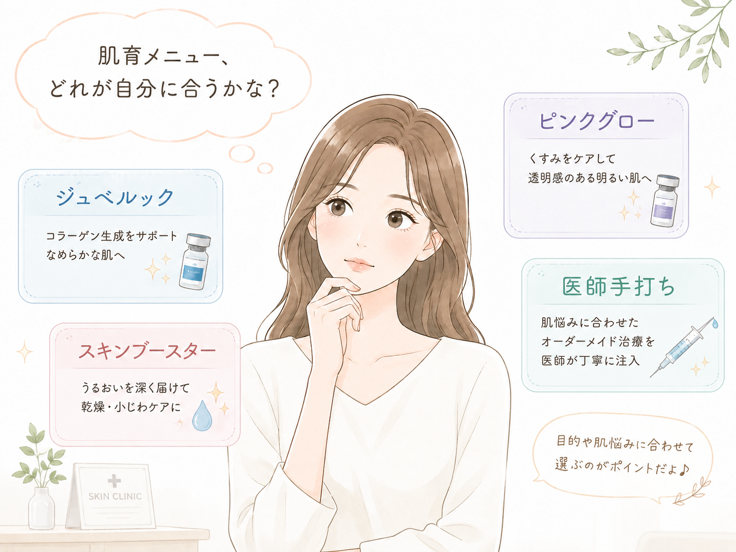 肌育注射のおすすめ製剤を比較するイメージ｜ジュベルック・スキンブースター・ピンクグロー・医師手打ち