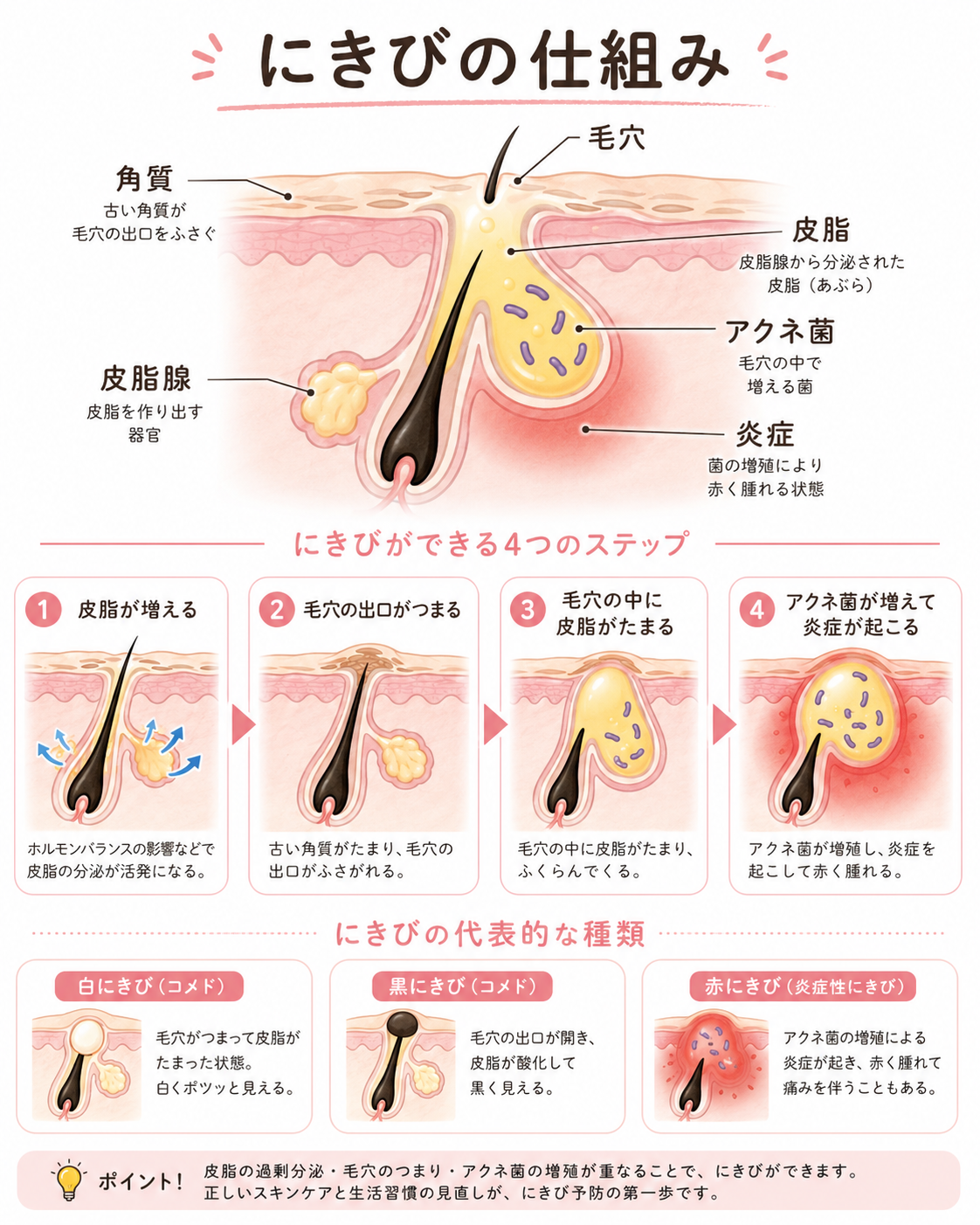 にきびができる仕組み｜皮脂の過剰分泌と毛穴のつまりの図解
